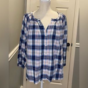 Gap women’s button down white blue plaid top v-neck long sleeve XL NWT cute fall